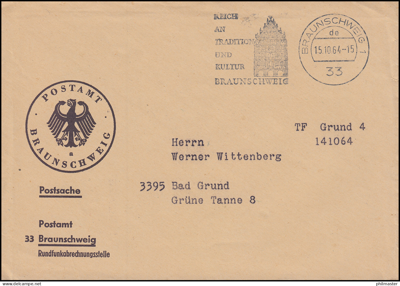 Postsache Postamt Braunschweig Rundfunkabrechnungsstelle 15.10.64 Nach Bad Grund - Telekom