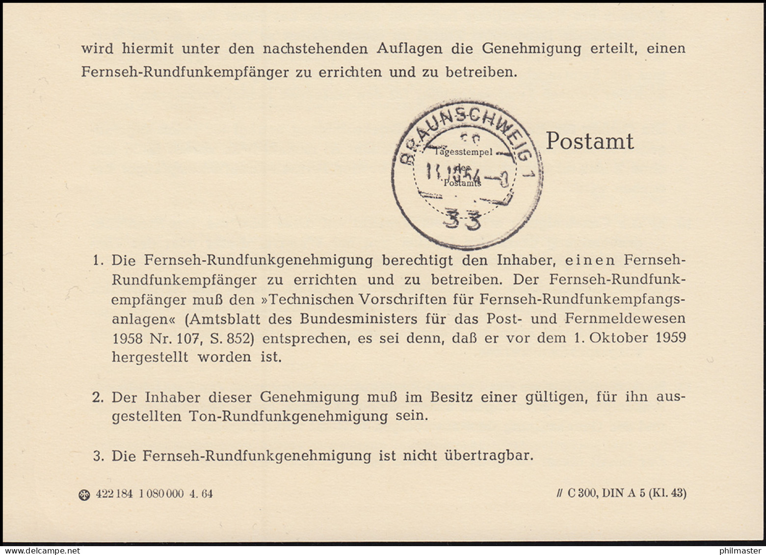 Postsache Postamt Braunschweig Rundfunkabrechnungsstelle 15.10.64 Nach Bad Grund - Telekom