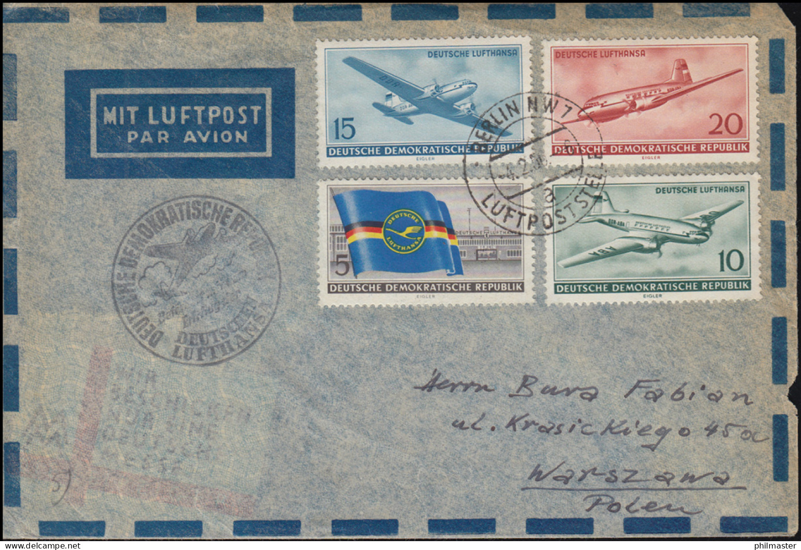 Erstflug Lufthansa Der DDR Berlin-Warschau Lp.-Brief 512-515 BERLIN 4.2.1956 - Erst- U. Sonderflugbriefe
