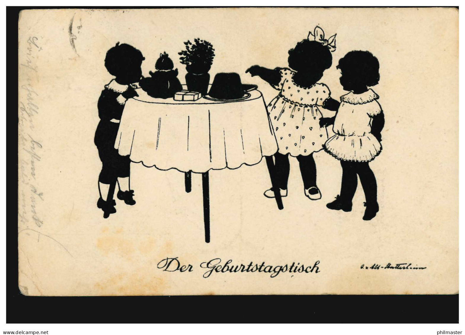 Scherenschnitt-AK Der Geburtstagstisch, Verlag G.K.V. Berlin, RHEYDT 23.6.1926 - Silhouette - Scissor-type