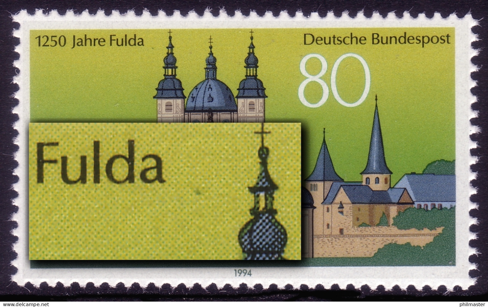 1722 Fulda Mit PLF: Fleck Zwischen Fulda Und Turm, Feld 19, ** - Abarten Und Kuriositäten