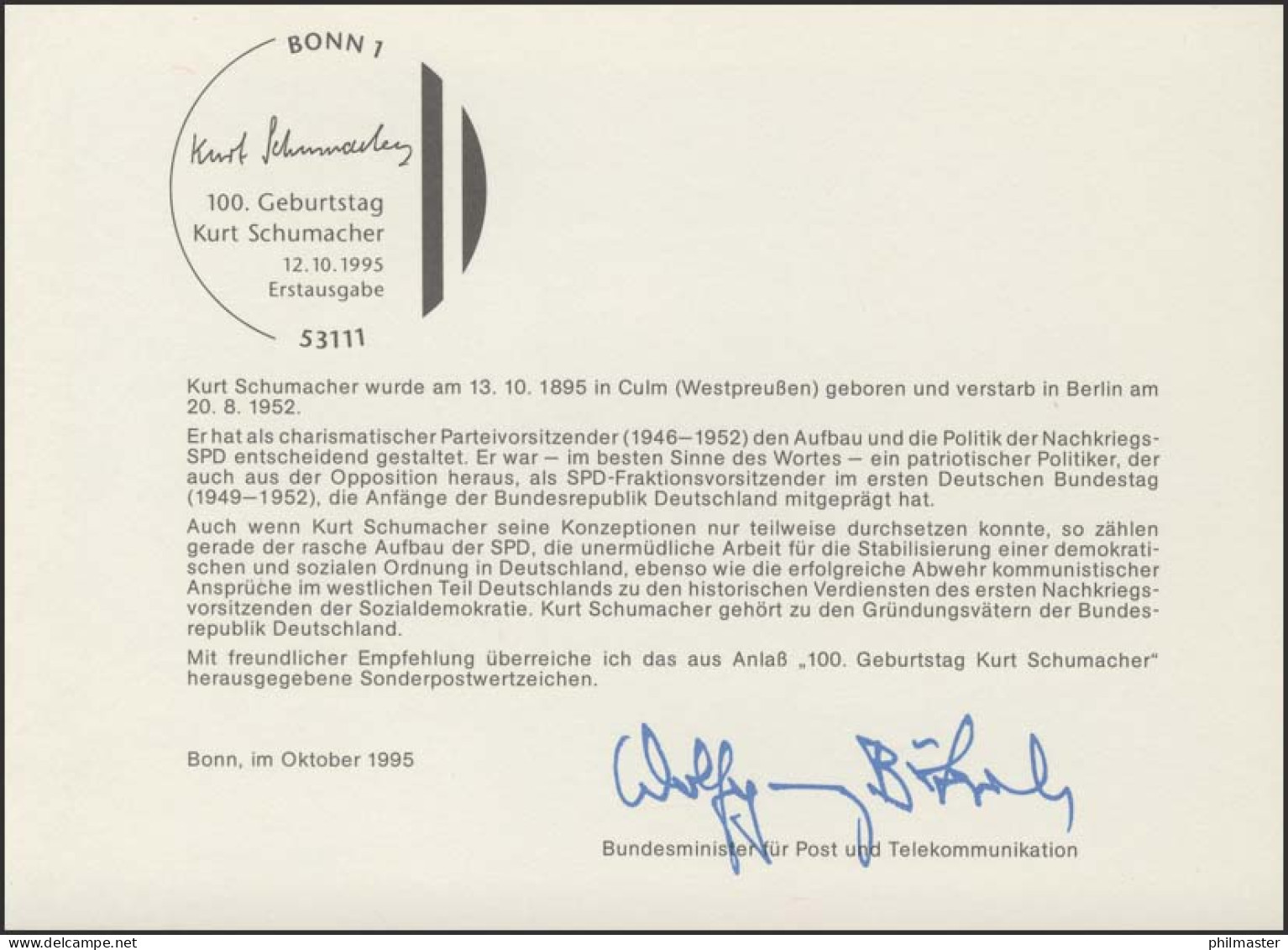 MinKa 33/1995 Kurt Schumacher, Politiker - Other & Unclassified