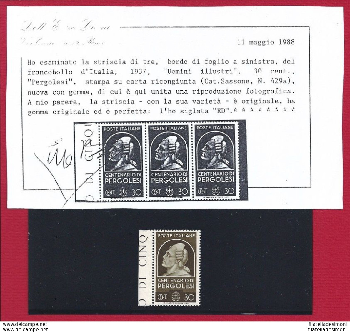 1937 Regno - N. 394a , Pergolesi Su Carta Ricongiunta,  MNH** Certificato E.Dien - Sonstige & Ohne Zuordnung