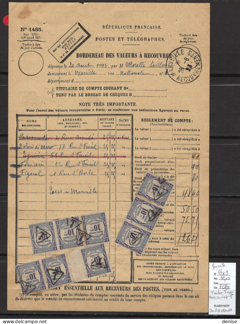 France - Valeurs à Recouvrer - Marseille - Yvert 44 X 9 + Cachet T -1923 - 1859-1959 Lettres & Documents
