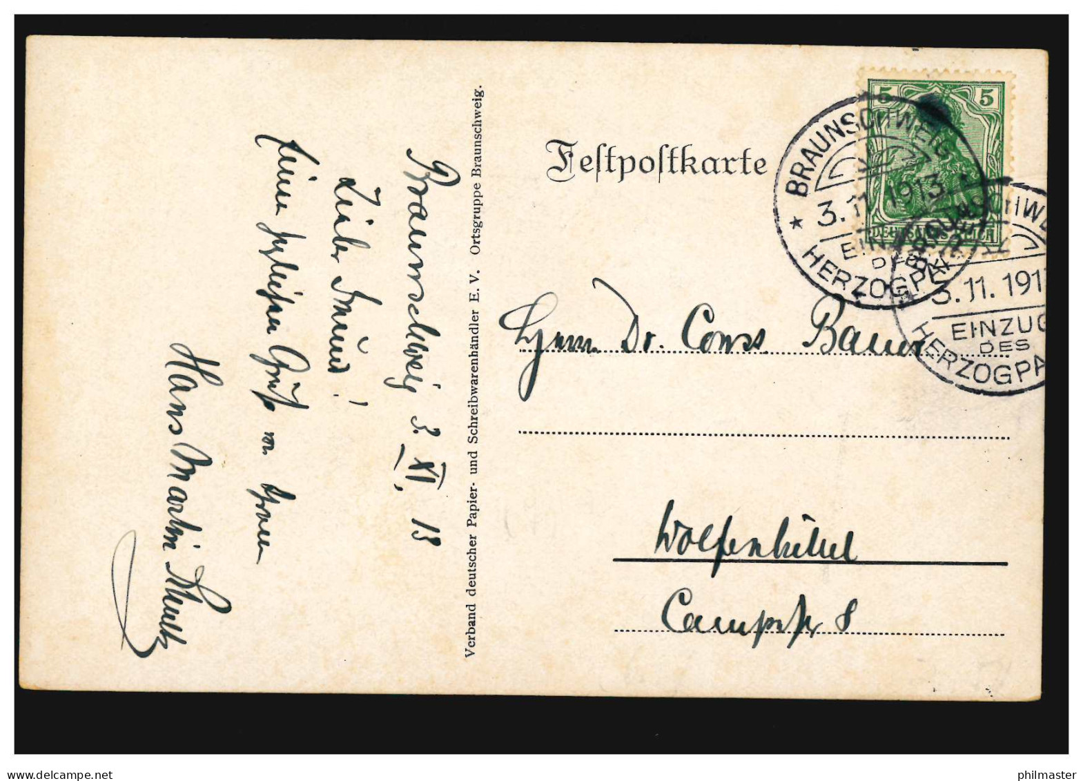 AK Braunschweig Einzug Des Herzogpaares, Passender SSt BRAUNSCHWEIG 3.11.1913 - Otros & Sin Clasificación