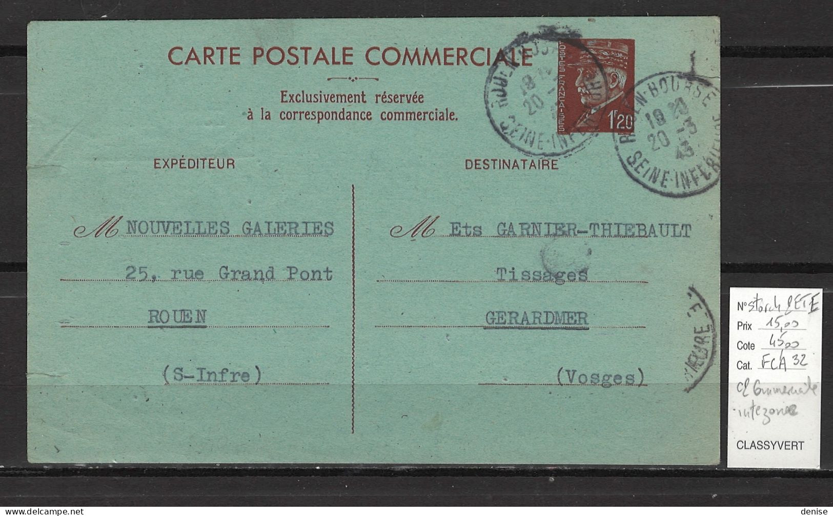 France - Entier Petain - Carte Postale Commerciale - Interzone - Rouen - 1943 - Standard Postcards & Stamped On Demand (before 1995)