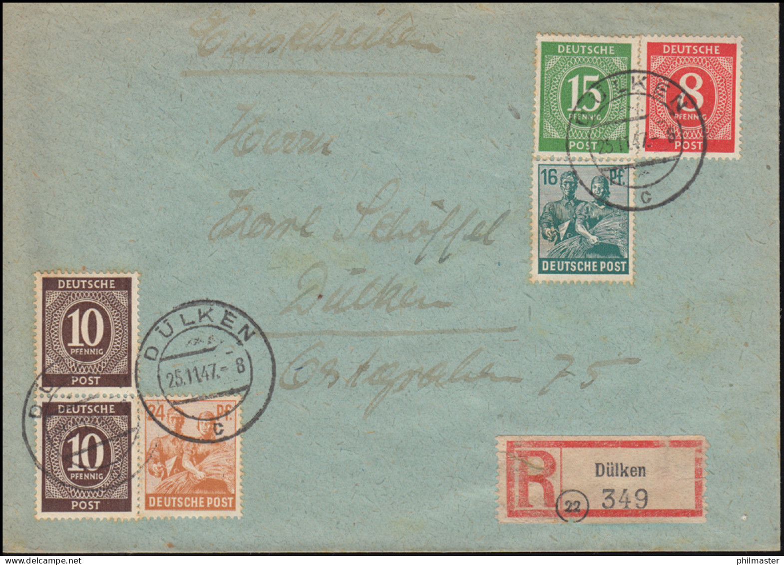 917ff Kontrollrat I+II Ziffern Und Arbeiter Auf Orts-R-Brief DÜLKEN 25.11.1947 - Lettres & Documents