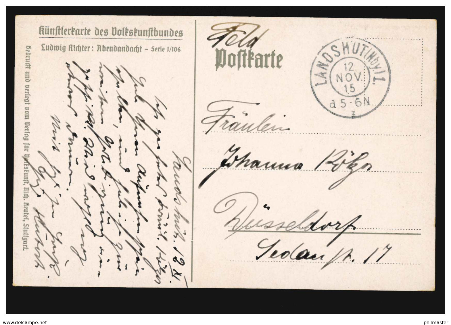 Künstler-Ansichtskarte Ludwig Richter: Abendandacht, LANDSHUT 12.11.1915 - Ohne Zuordnung