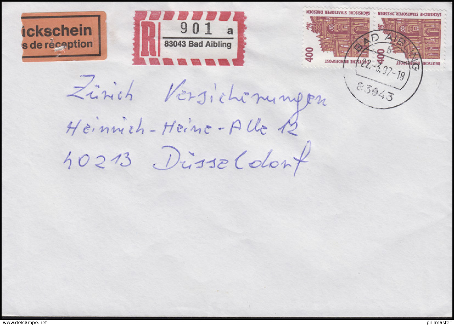 1562 SWK 400 Pf Semperoper Dresden 2x MeF R-Bf + Rückschein BAD AIBLING 22.3.97 - Cartas & Documentos