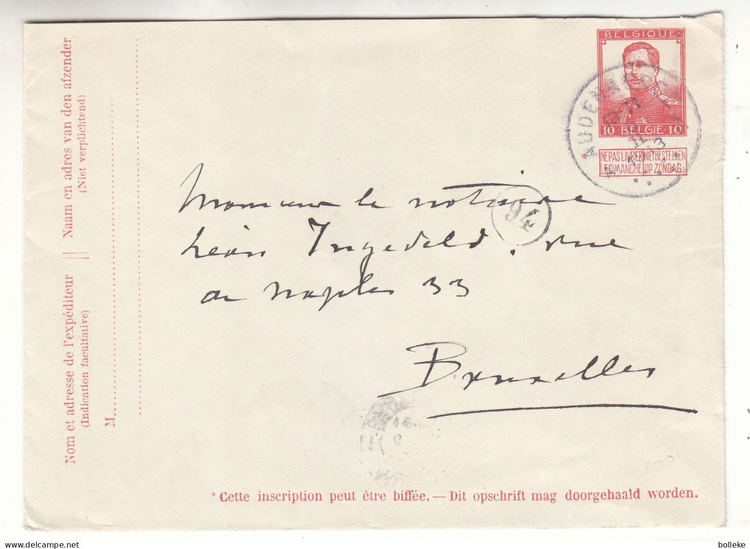 Belgique - Lettre De 1913 - Entier Postal - Albert I - Oblit Audenaerde - Exp Vers Bruxelles - Cachet Du Facteur - - 1912 Pellens