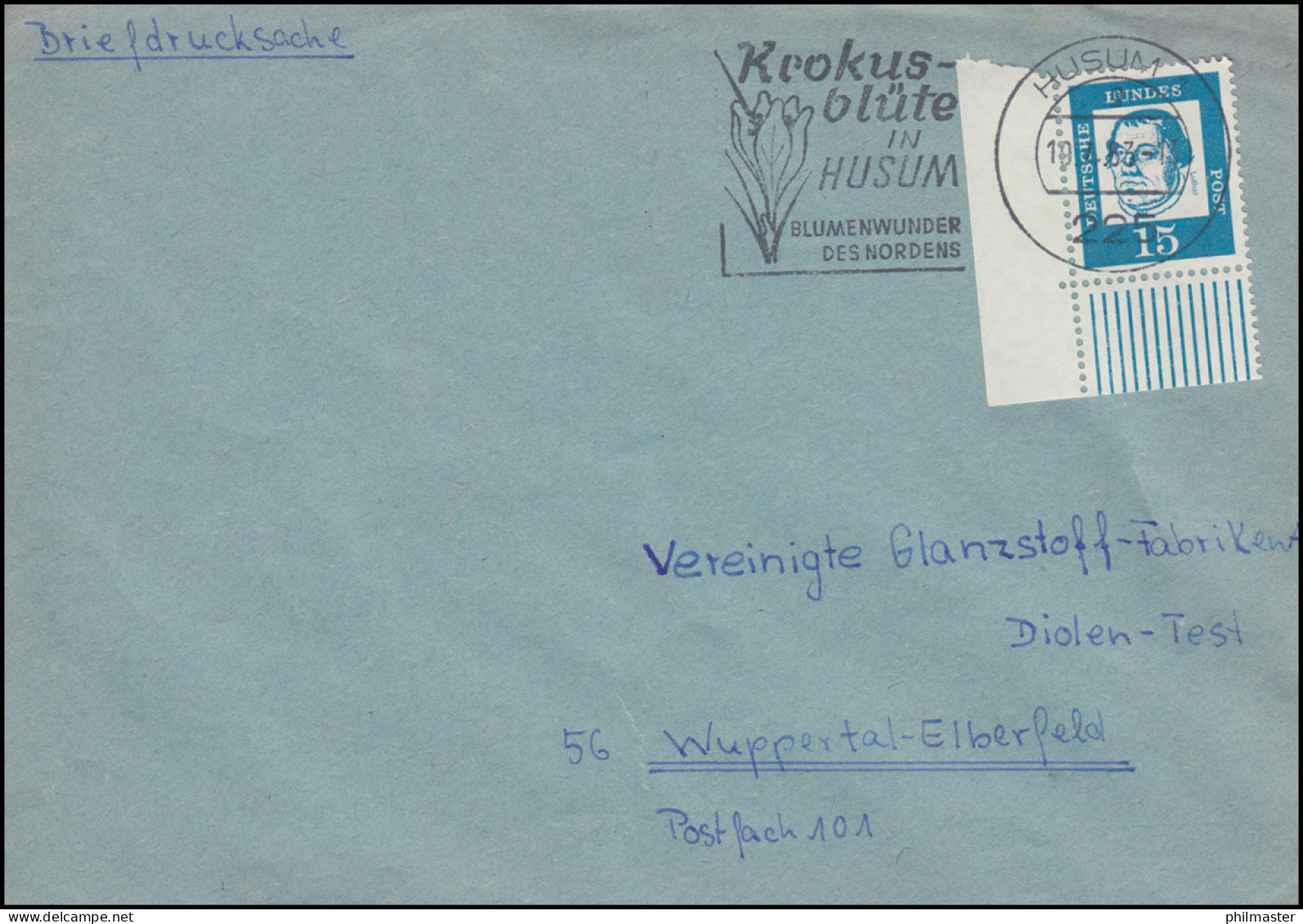 351y Luther Eckstück Unten Links Als EF Auf Briefdrucksache HUSUM 19.4.1963  - Storia Postale