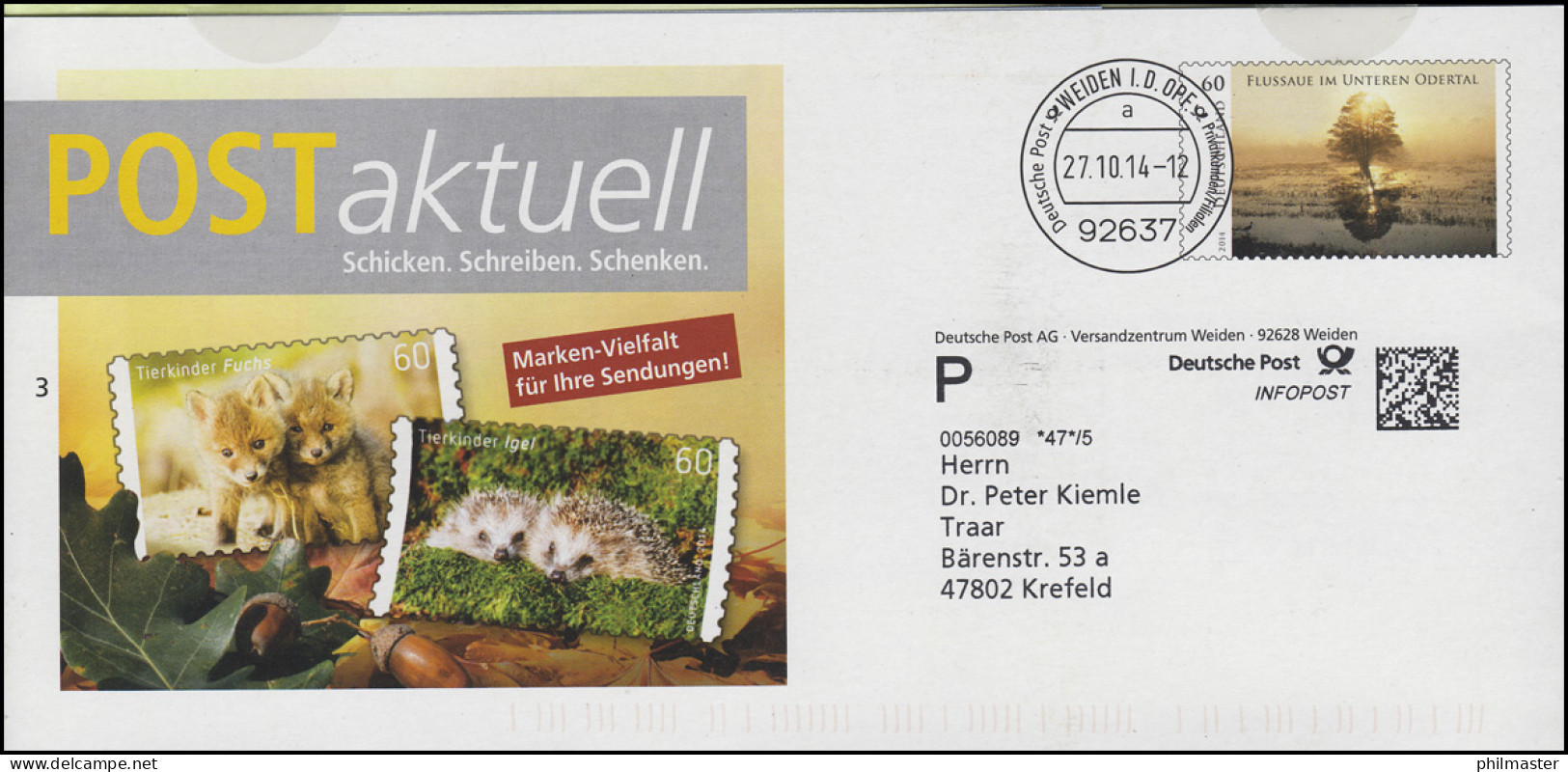 Plusbrief Flussaue Im Unteren Odertal: POSTaktuell Fuchs & Igel, WEIDEN 27.10.14 - Enveloppes - Neuves