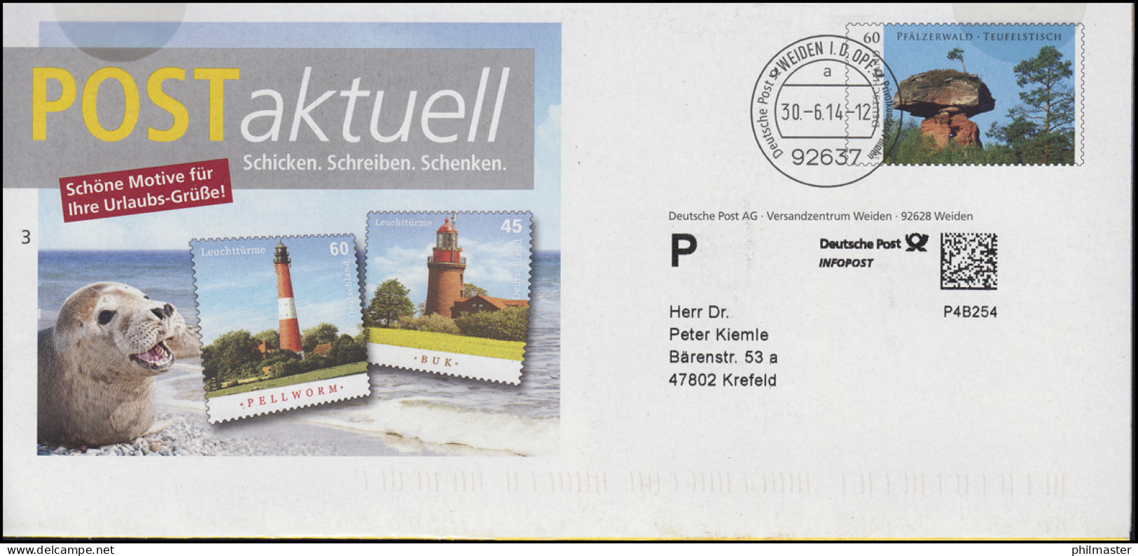 Plusbrief Pfälzerwald Teufelstisch: Leuchttürme Und Robbe, WEIDEN 30.6.14 - Covers - Mint