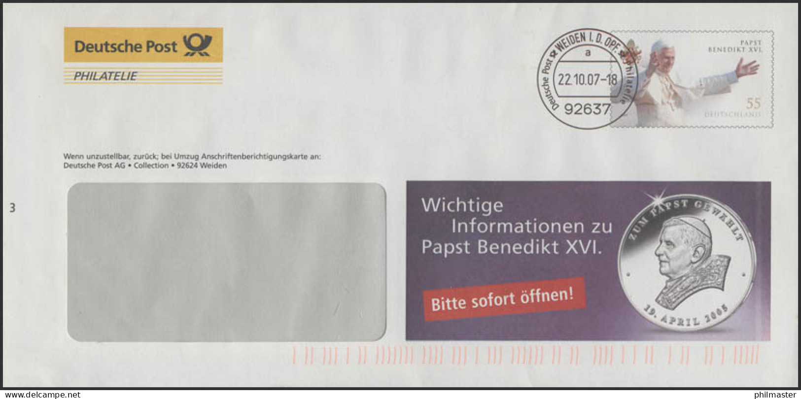 Plusbrief F251 Papst Benedikt XVI: Informationen Zur Papst-Münze, 22.10.2007 - Sobres - Nuevos