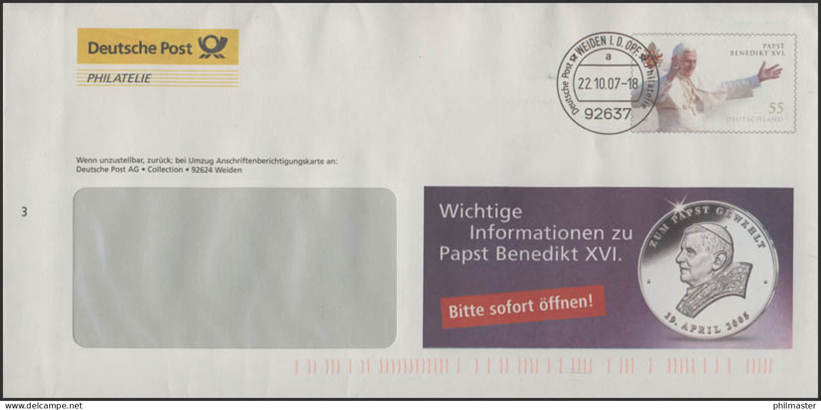 Plusbrief F251 Papst Benedikt XVI: Papstwahl, 22.10.07 - Briefomslagen - Ongebruikt