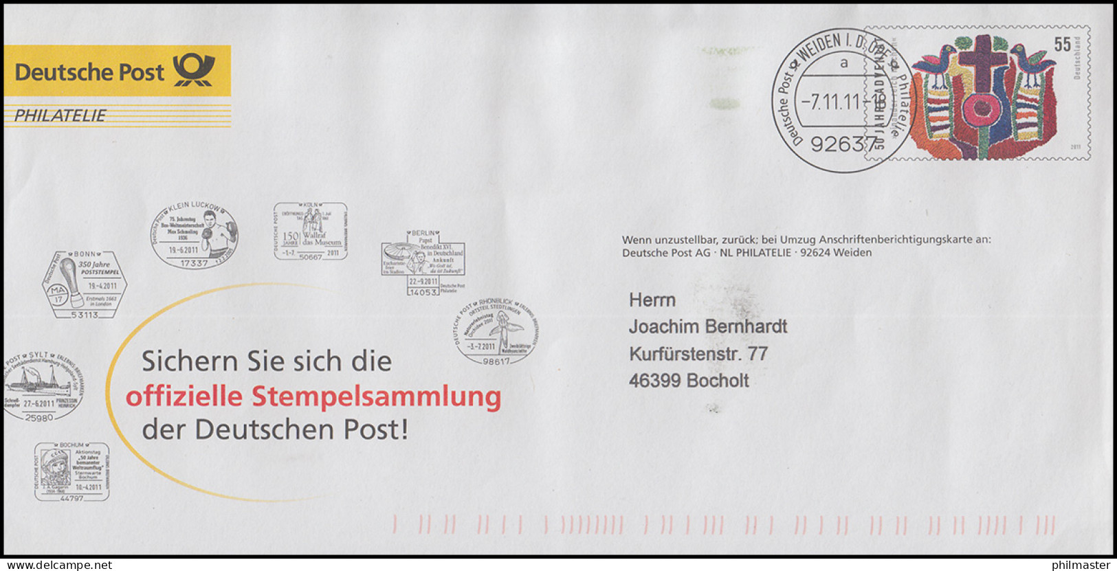 Plusbrief 50 Jahre Adveniat: Werbung Für Stempelsammlung WEIDEN 7.11.11 - Enveloppes - Neuves