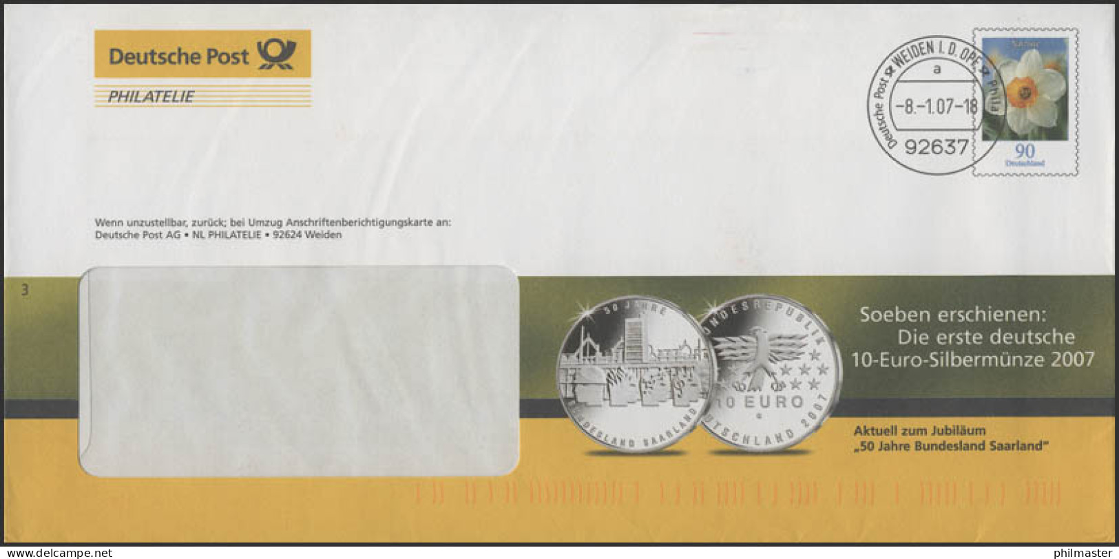Plusbrief F186 Narzisse: Werbung 10-Euro-Silbermünze Bundesland Saarland, 8.1.07 - Briefomslagen - Ongebruikt