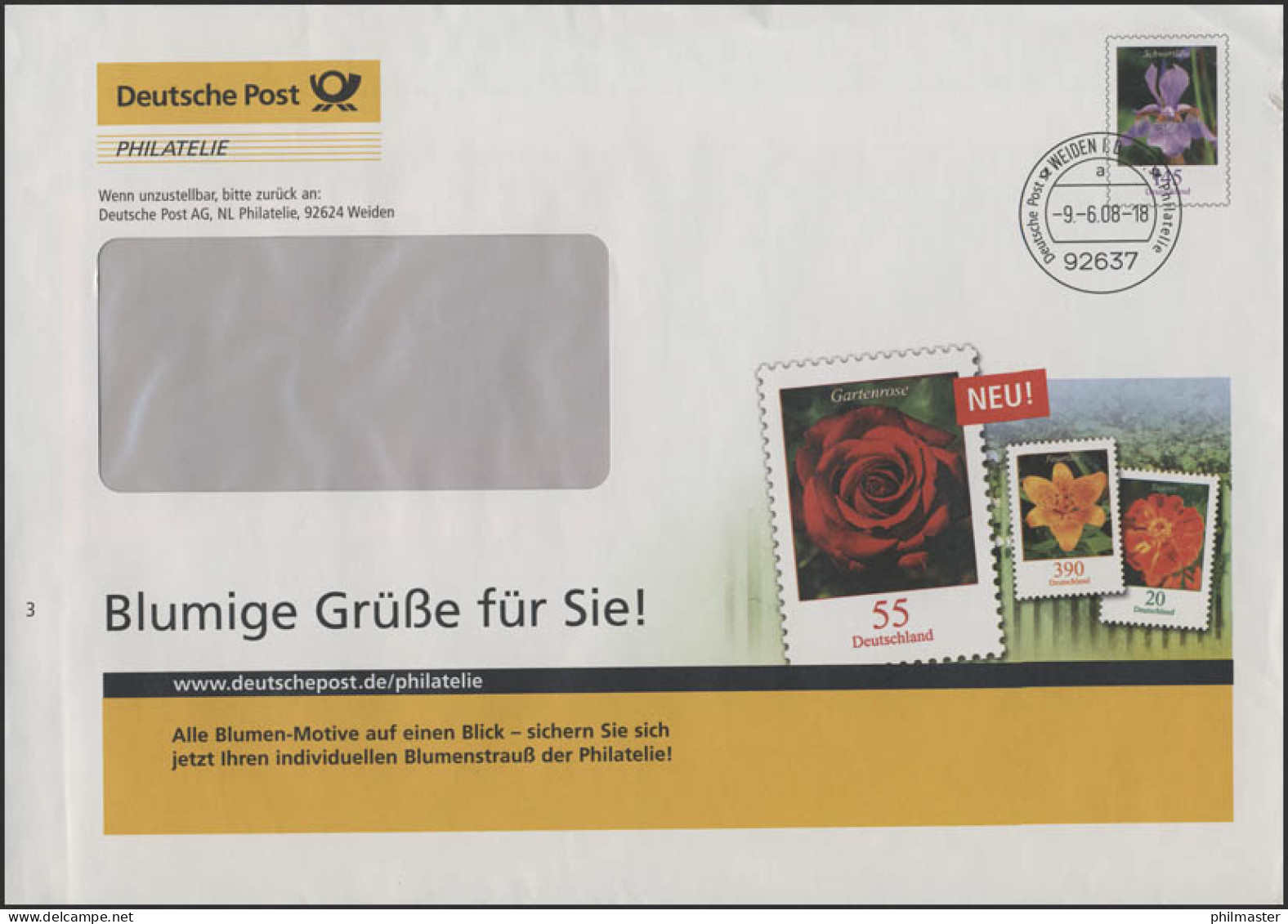 Plusbrief F328 Schwertlilie: Blumige Grüße, Weiden 9.6.2008 - Covers - Mint