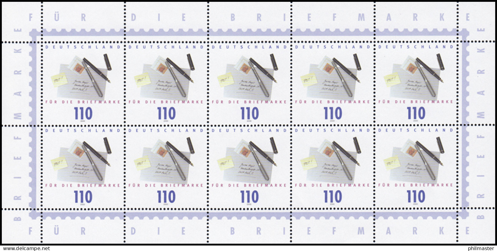 2148 Tag Der Briefmarke: Briefumschlag Und Schreibzeug - 10er-Bogen ** - 1991-2000
