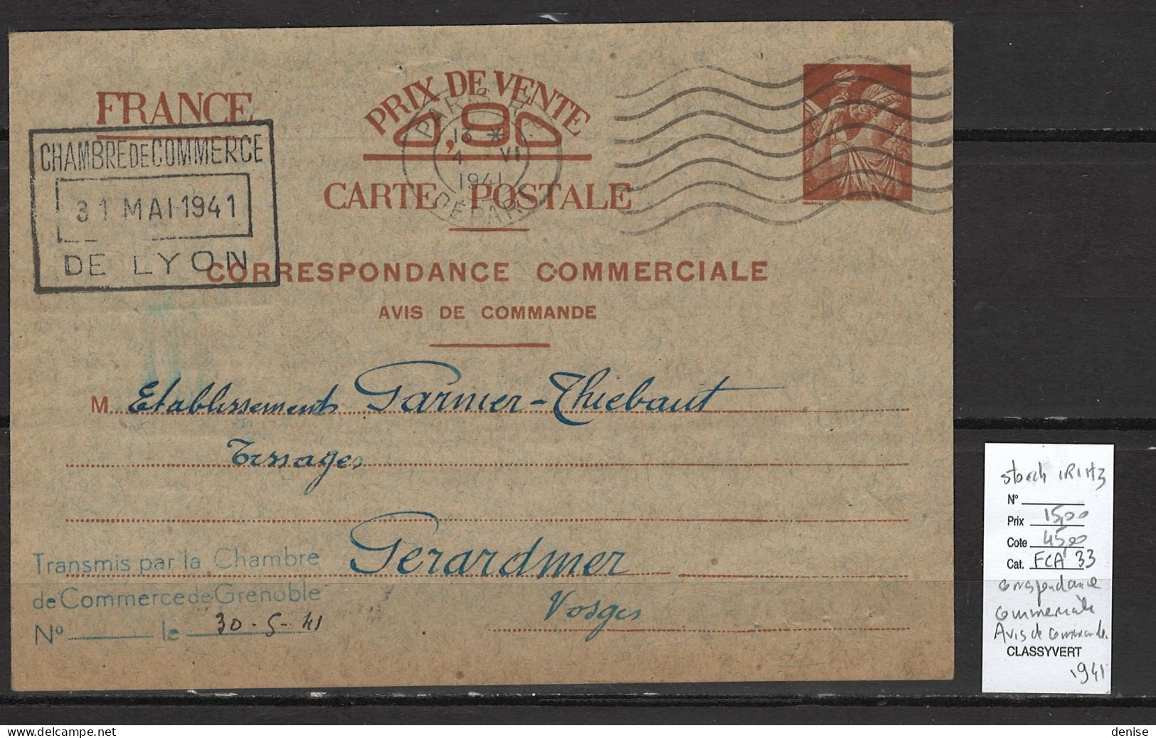 France - Entier IRIS  - Carte Postale Correspondance Commerciale - Paris  - 1941 - Cartes Postales Types Et TSC (avant 1995)