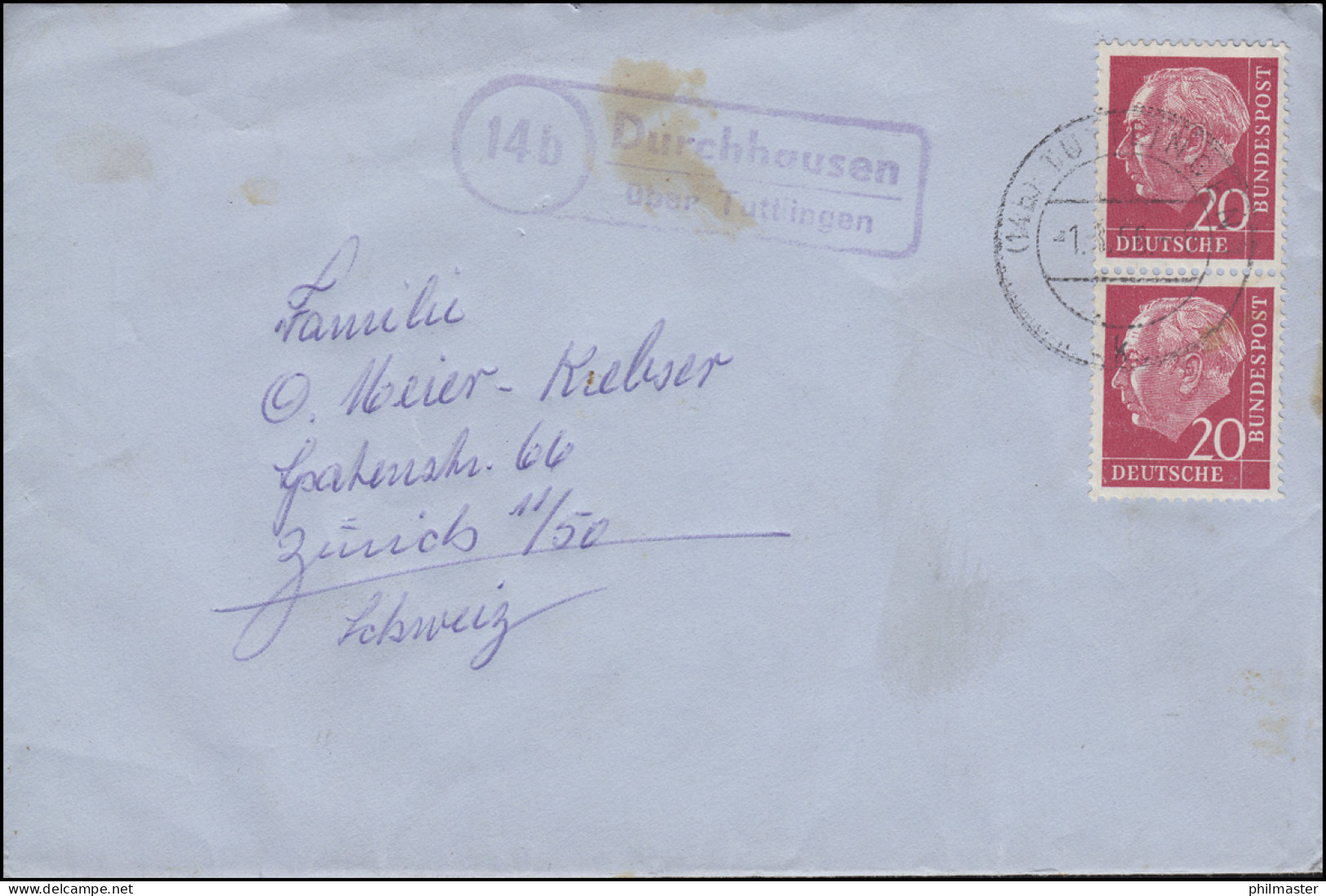 Landpost Durchhausen über Tuttlingen Auf Bf. TUTTLINGEN 1.8.54 In Die Schweiz - Storia Postale