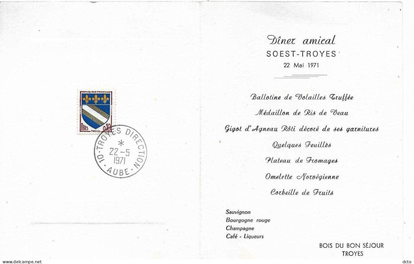 TROYES Hôtel Marisy XVI° S, Invitation Dîner SOEST 1971 Bois Du Bon Séjour (10,5x13,5 Cm Plié) - Troyes