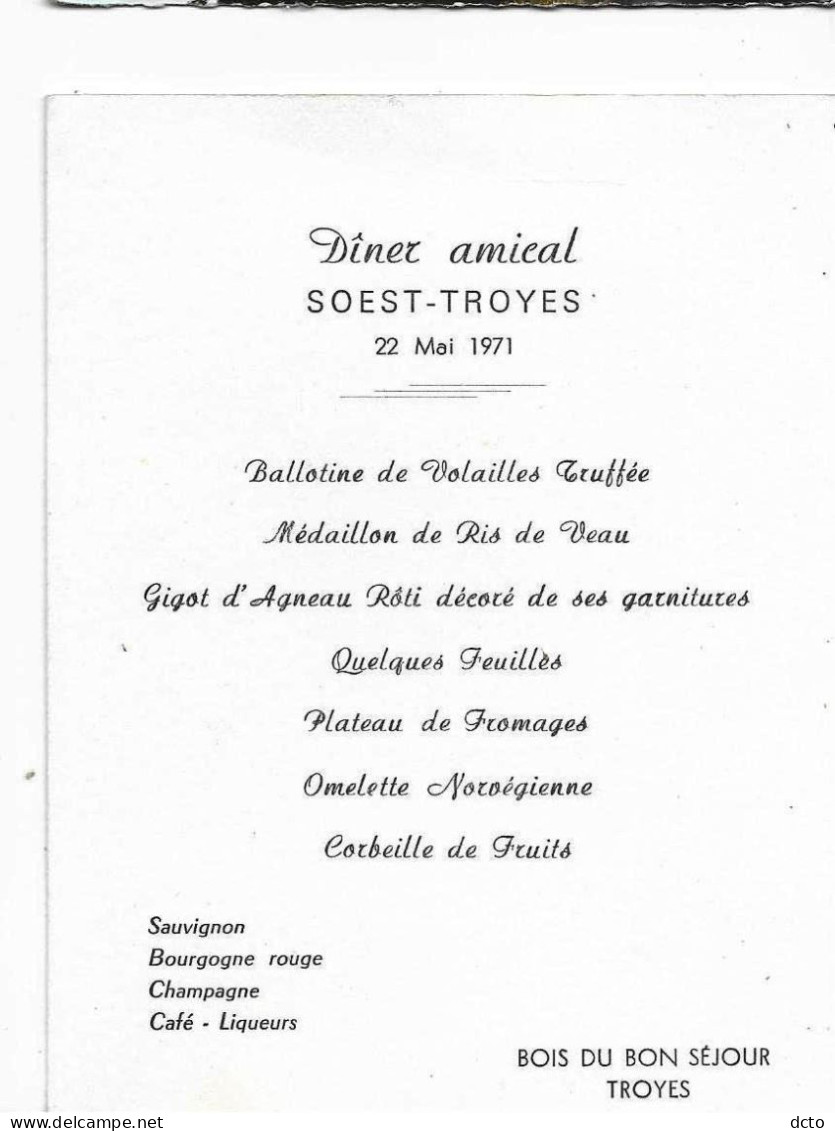 TROYES Hôtel Marisy XVI° S, Invitation Dîner SOEST 1971 Bois Du Bon Séjour (10,5x13,5 Cm Plié) - Troyes