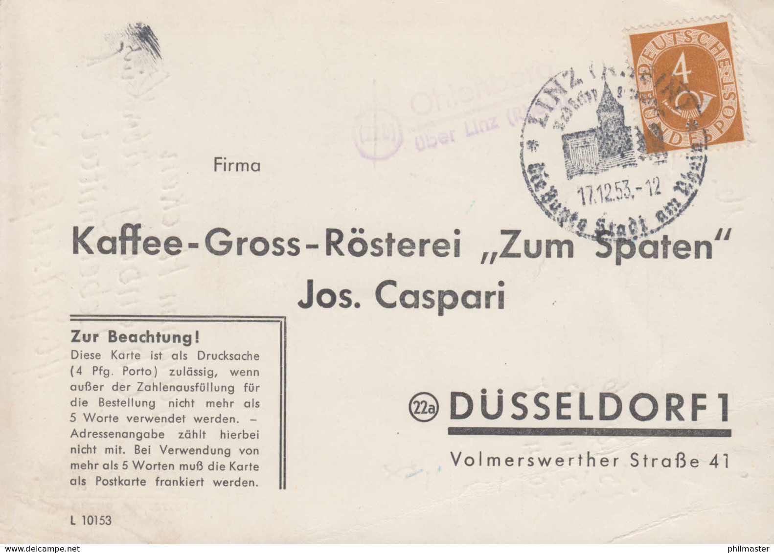 Landpost-Stempel Ohlenberg über Linz Auf Drucksache SSt LINZ 17.12.1953 - Other & Unclassified