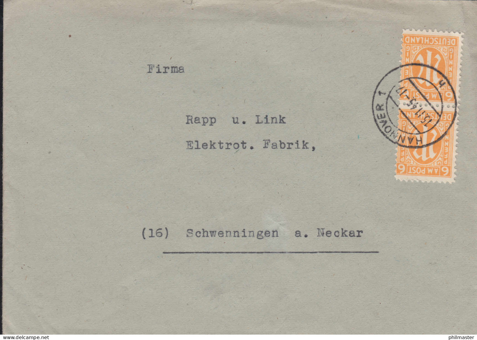 20 AM-Post 6 Pf. Als MeF Auf Brief HANNOVER 15.11.1945 Nach Schwenningen/Neckar - Cartas & Documentos