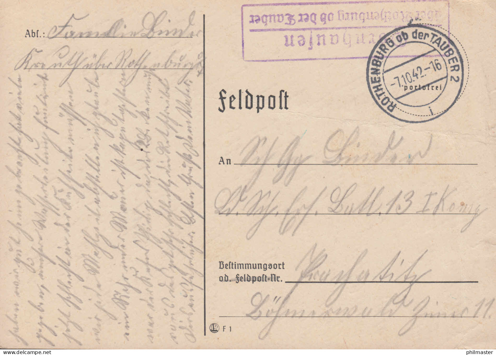 Landpost-Stempel Dornhausen über ROTHENBURG Ob Der TAUBER 7.10.1942, Auf PK - Covers & Documents