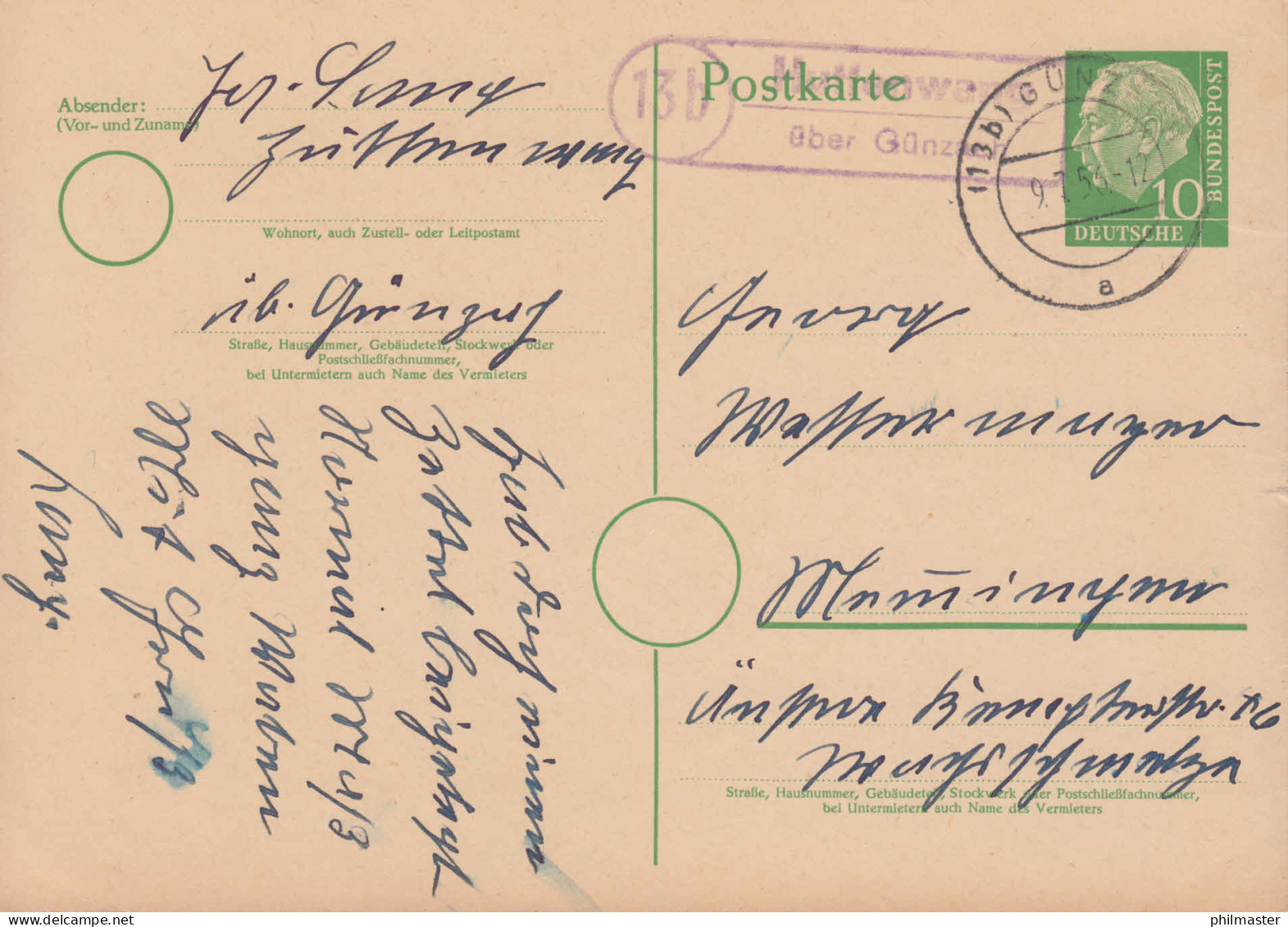 Landpost-Stempel Huttenwang über GÜNZACH 9.7.1956 Auf Heuss-Postkarte - Other & Unclassified