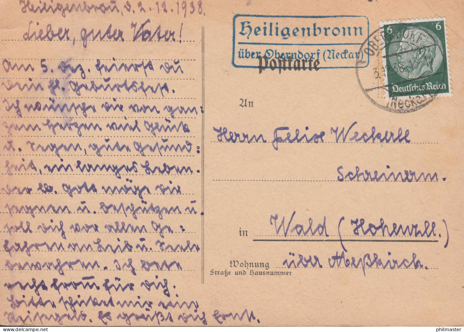 Landpost-Stempel Heiligenbronn über OBERNDORF (NECKAR) 3.12.1938 Auf Postkarte - Covers & Documents