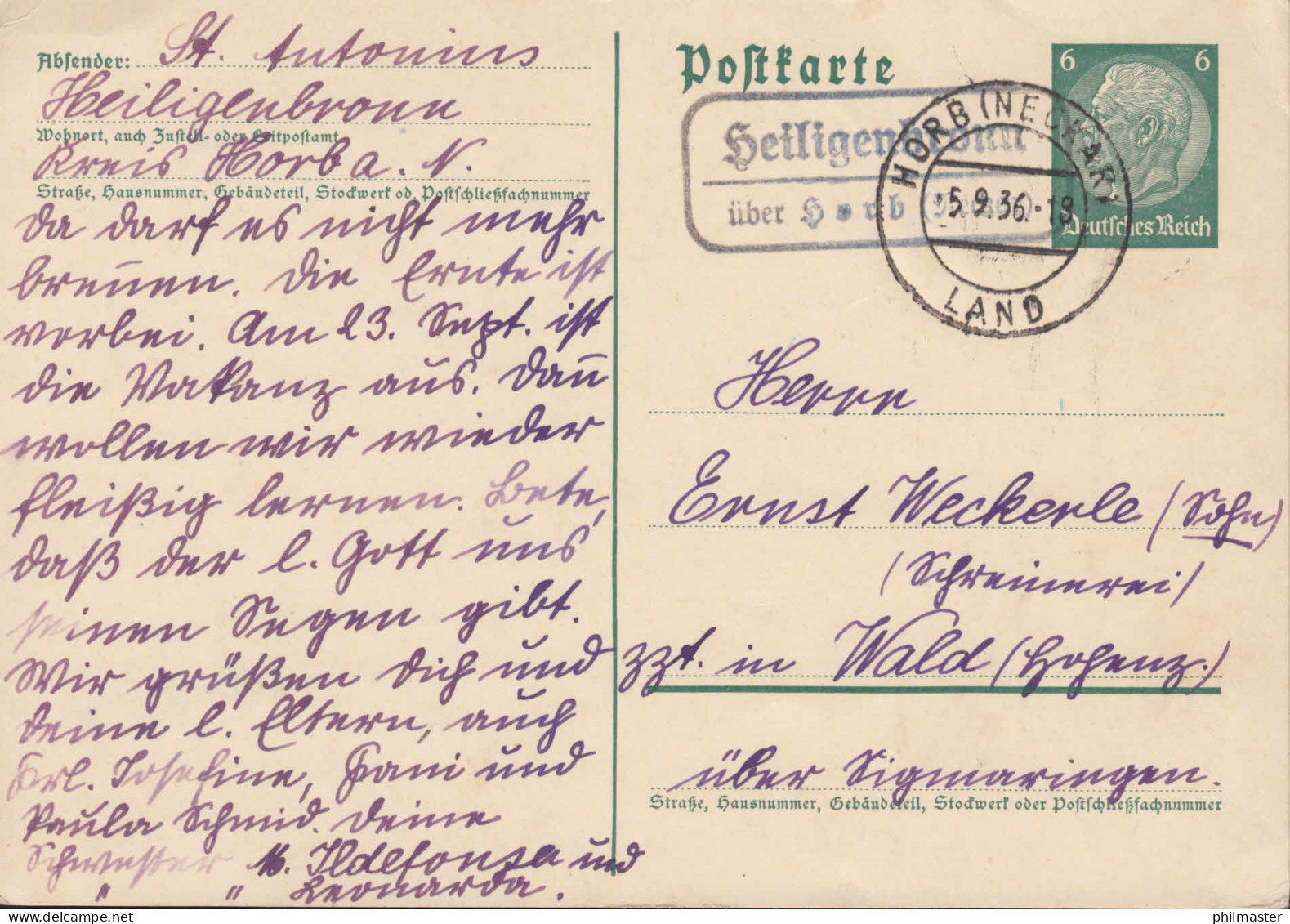 Landpost-Stempel Heiligenbronn über HORB (NECKAR) LAND 5.9.36 Auf Hindenburg-PK - Covers & Documents