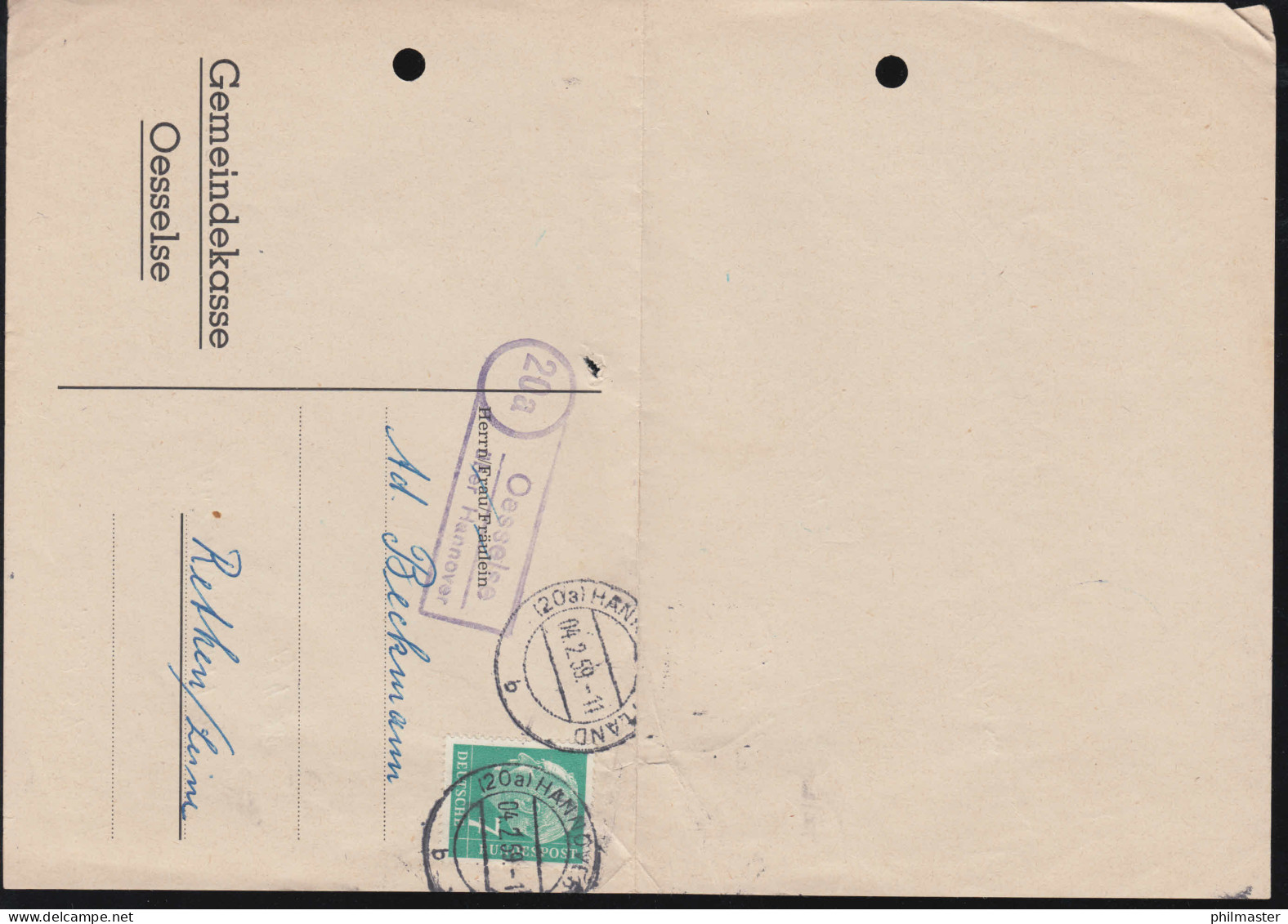 Landpost-Stempel Oesselse über HANNOVER 4.2.1959 Auf Drucksache Nach Rethen - Other & Unclassified