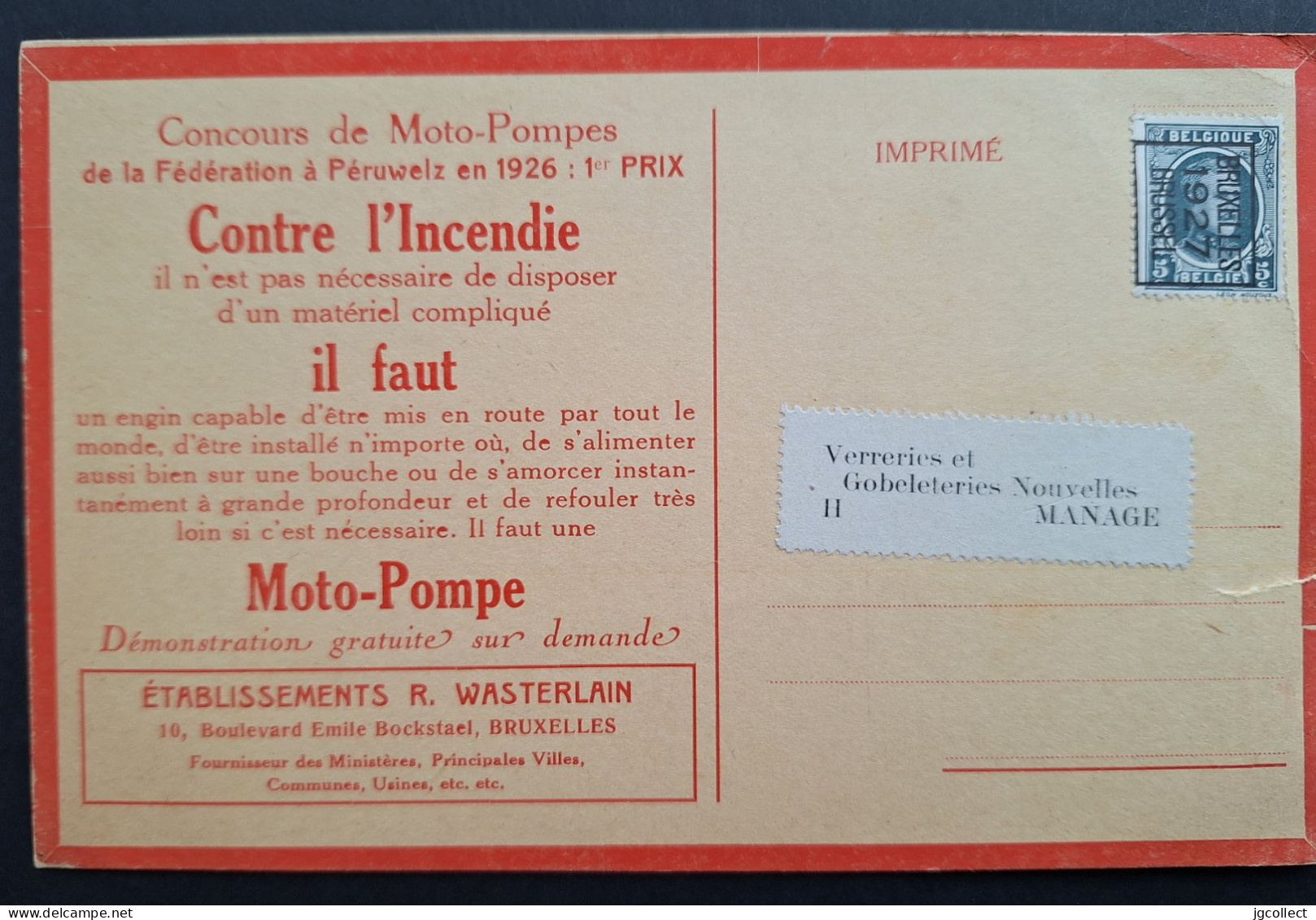 Typo 156B (BRUXELLES 1927 BRUSSEL) Op Kaartje "Moto-Pompe Transportable" - Typografisch 1922-31 (Houyoux)