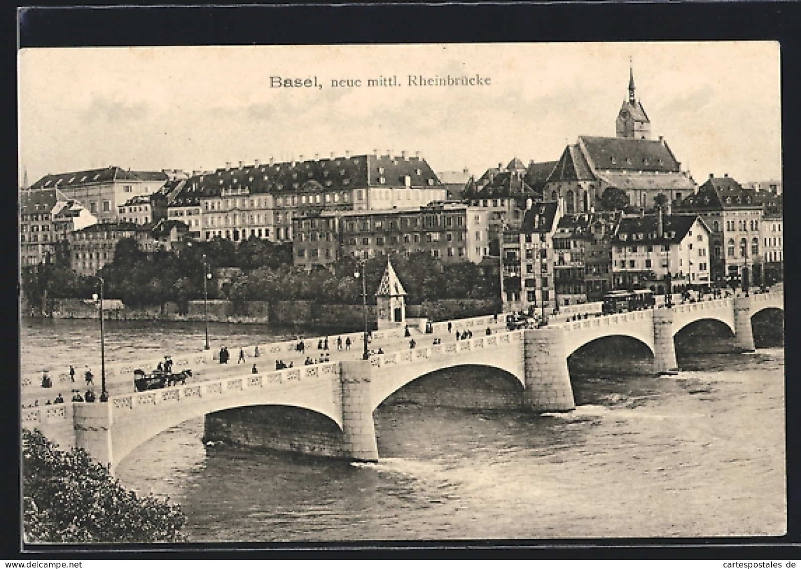 AK Basel, Neue Mittl. Rheinbrücke M. Strassenbahn  - Strassenbahnen