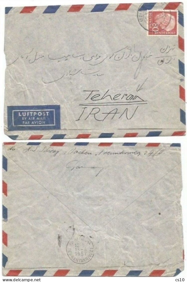 Germany BRD Pres. Heuss Pf.80 Solo Franking Airmail Cover Aachen 11apr1957 To Scarce Destination Teheran Persia Iran - Storia Postale