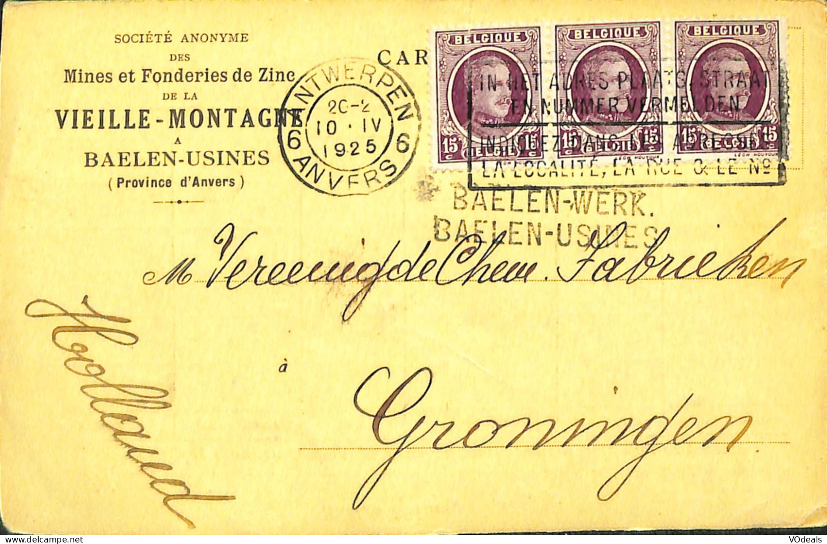 Belgique - Carte Postale - Entier Postal -  Baelen Usines - Anvers - 3 X 15cnt - Cartes Postales 1909-1934
