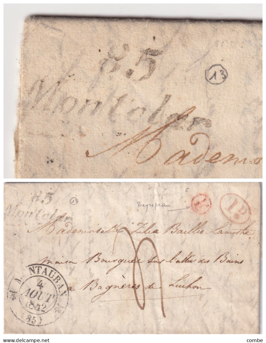 LETTRE. 4 AOUT 1842. MONTAUBAN. TARN ET GARONNE. CURSIVE 85/Montclar. BOITE RURALE E ROUGE = BEYREPEAU. DECIME . TAXE 4 - 1801-1848: Precursors XIX