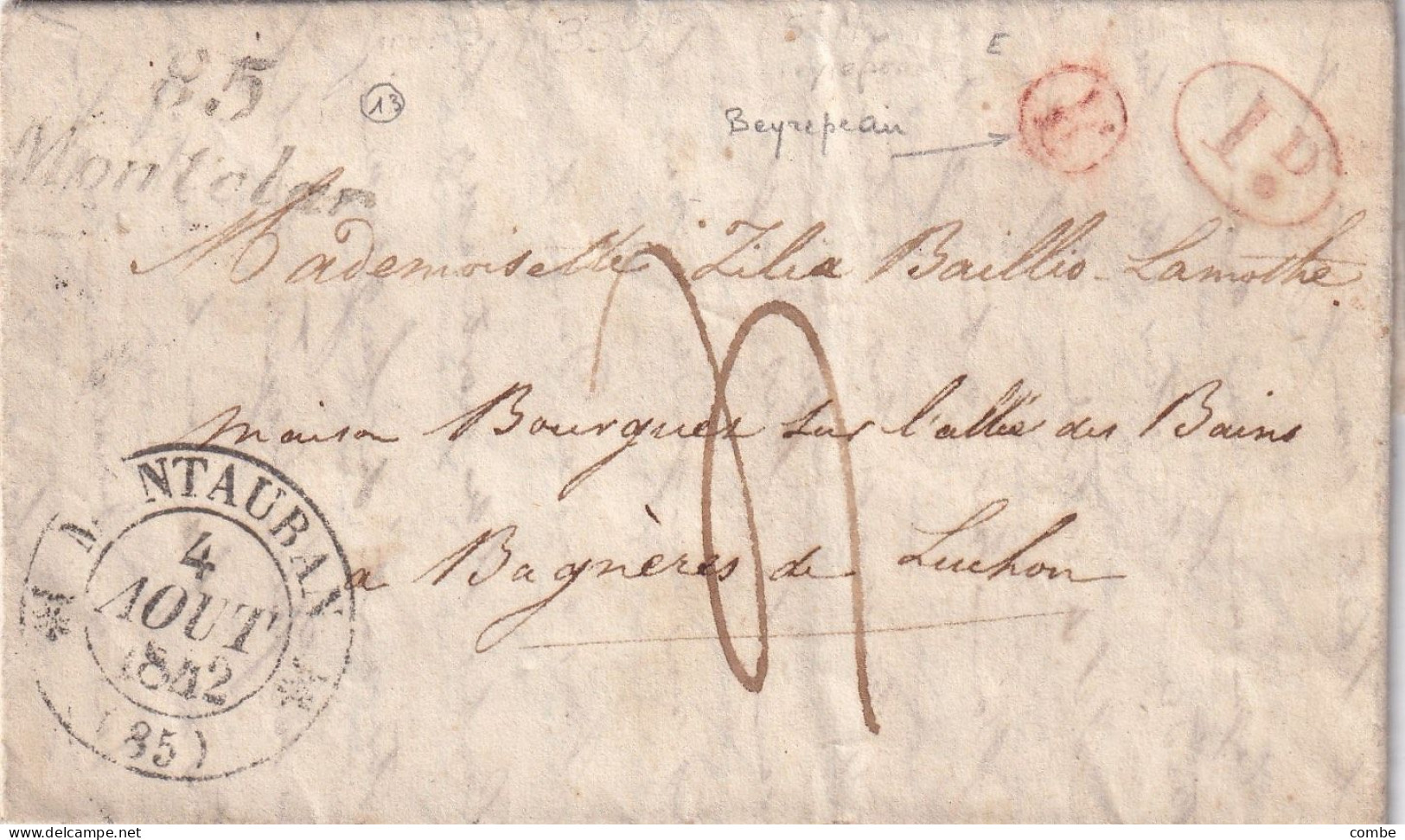 LETTRE. 4 AOUT 1842. MONTAUBAN. TARN ET GARONNE. CURSIVE 85/Montclar. BOITE RURALE E ROUGE = BEYREPEAU. DECIME . TAXE 4 - 1801-1848: Precursors XIX