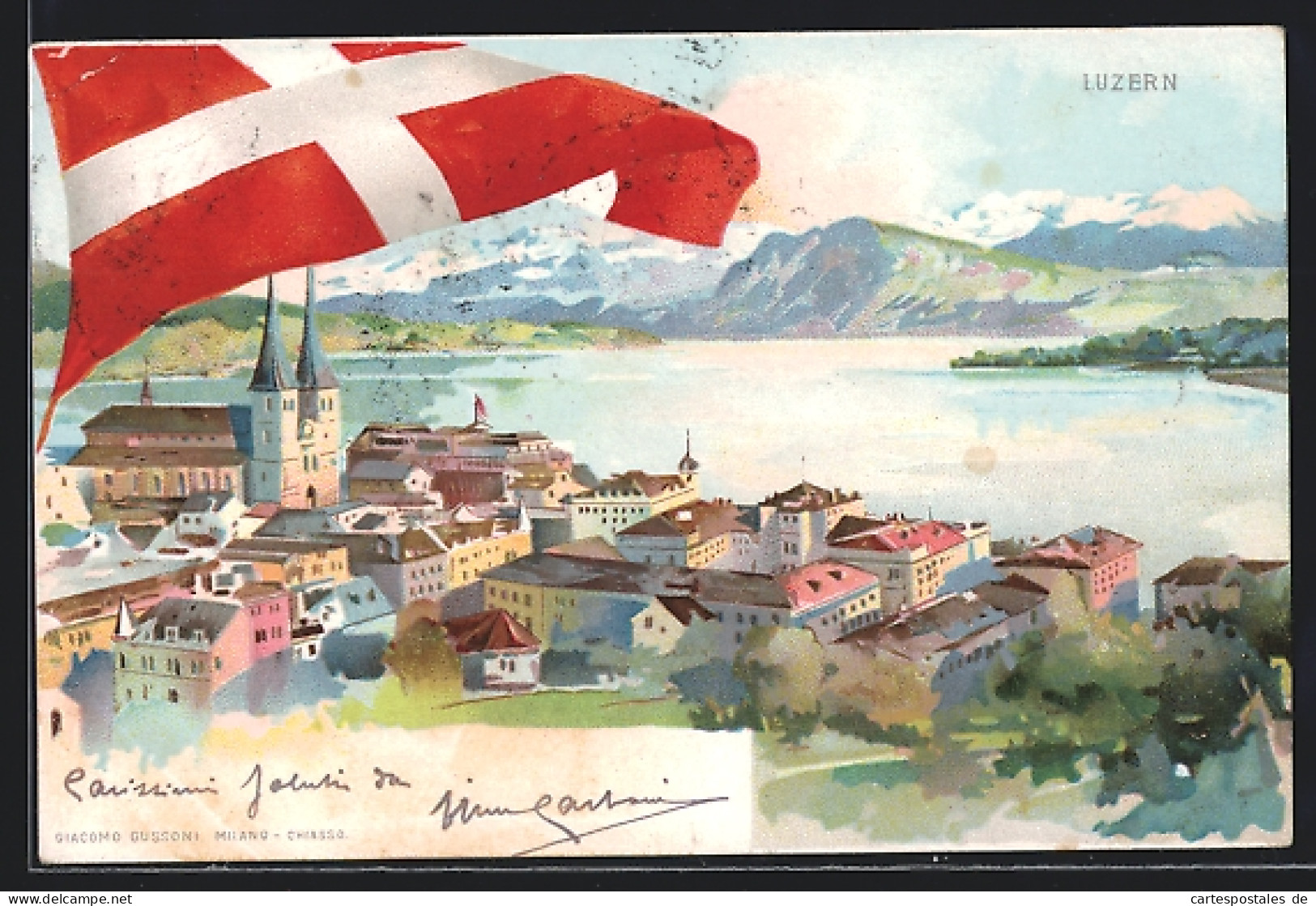 Künstler-AK Luzern, Teilansicht Mit Flagge  - Lucerne