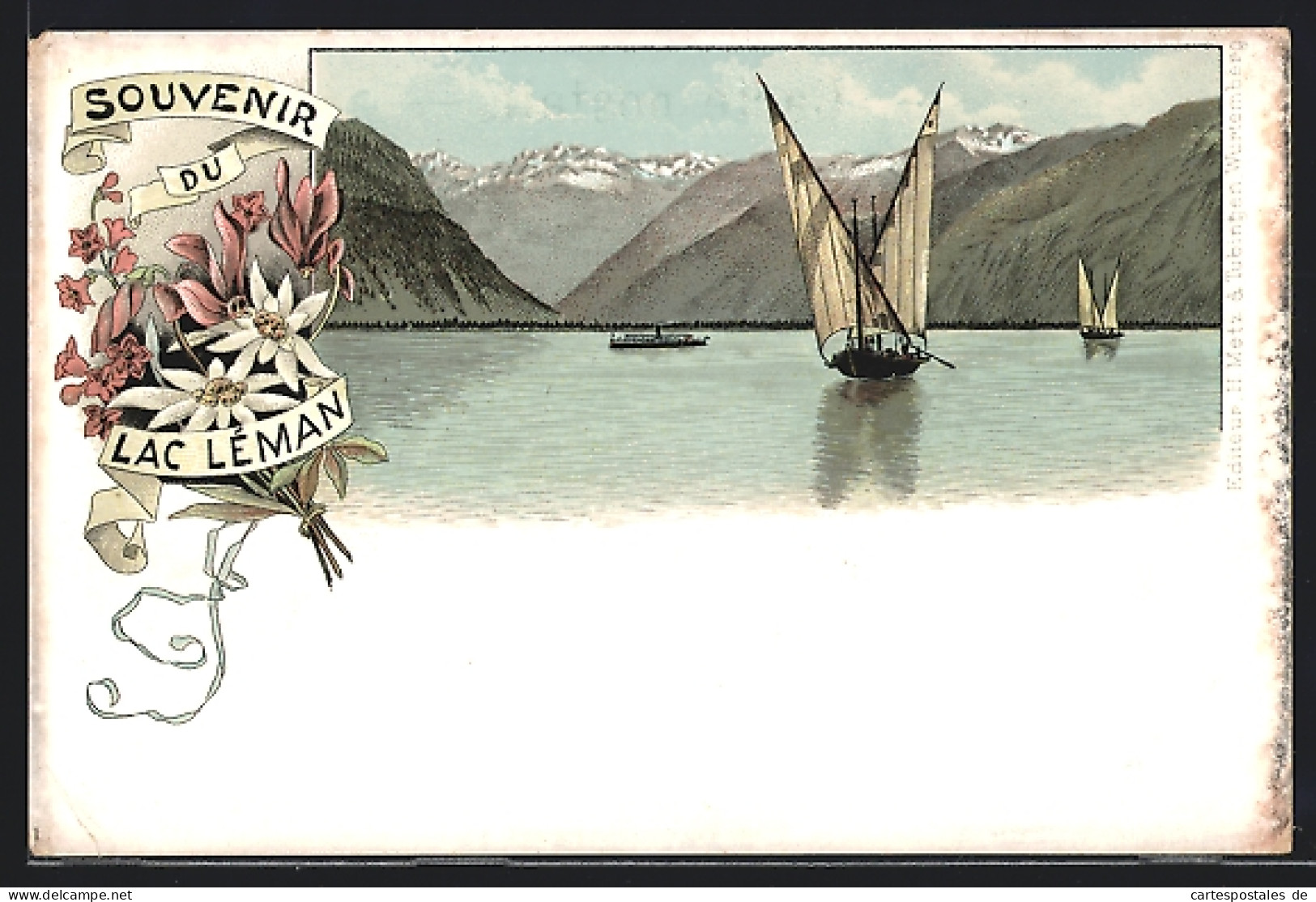 Lithographie Lac Léman, Segelboote Und Ein Kleiner Dampfer Auf Dem See  - Altri & Non Classificati