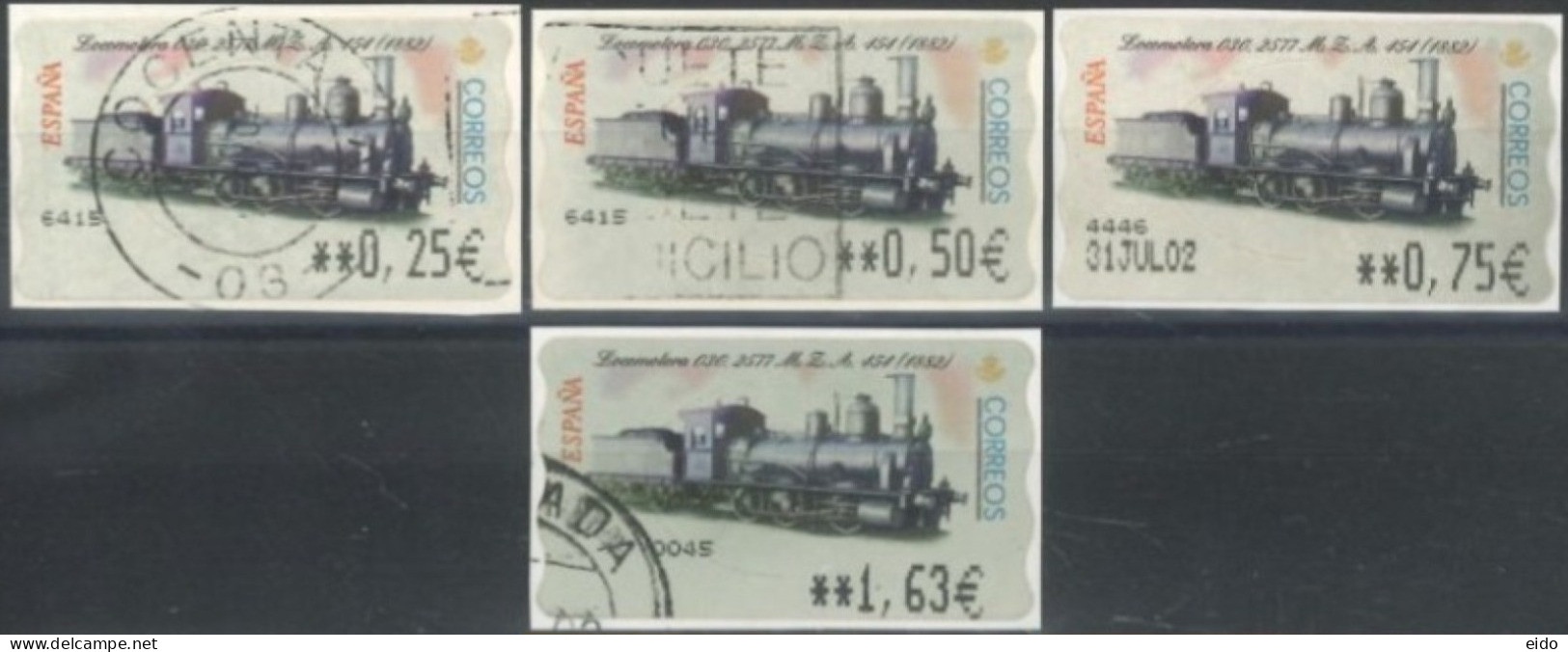 SPAIN- 2002, LOCOMOTIVES STAMPS LABELS SET OF 4, DIFFERENT VALUES, USED. - Gebruikt