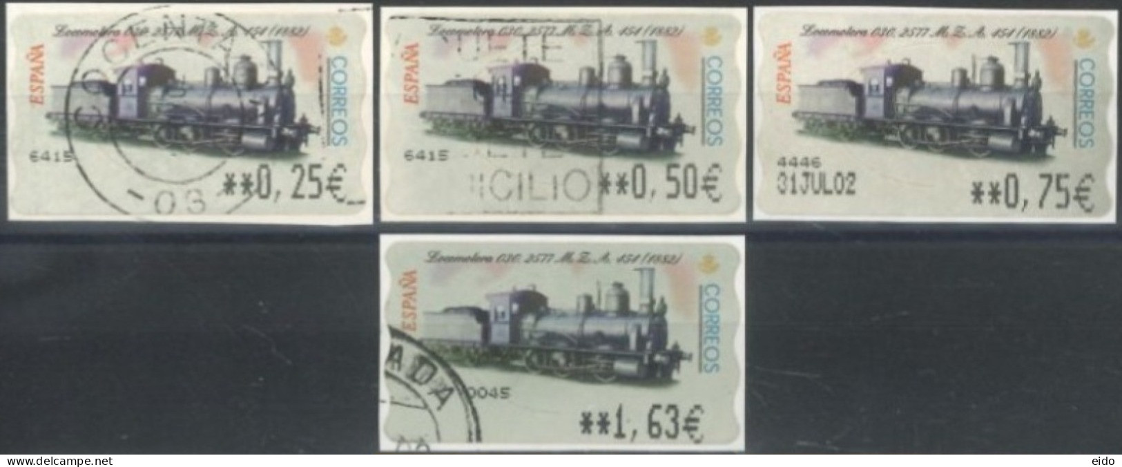 SPAIN- 2002, LOCOMOTIVES STAMPS LABELS SET OF 4, DIFFERENT VALUES, USED. - Usati