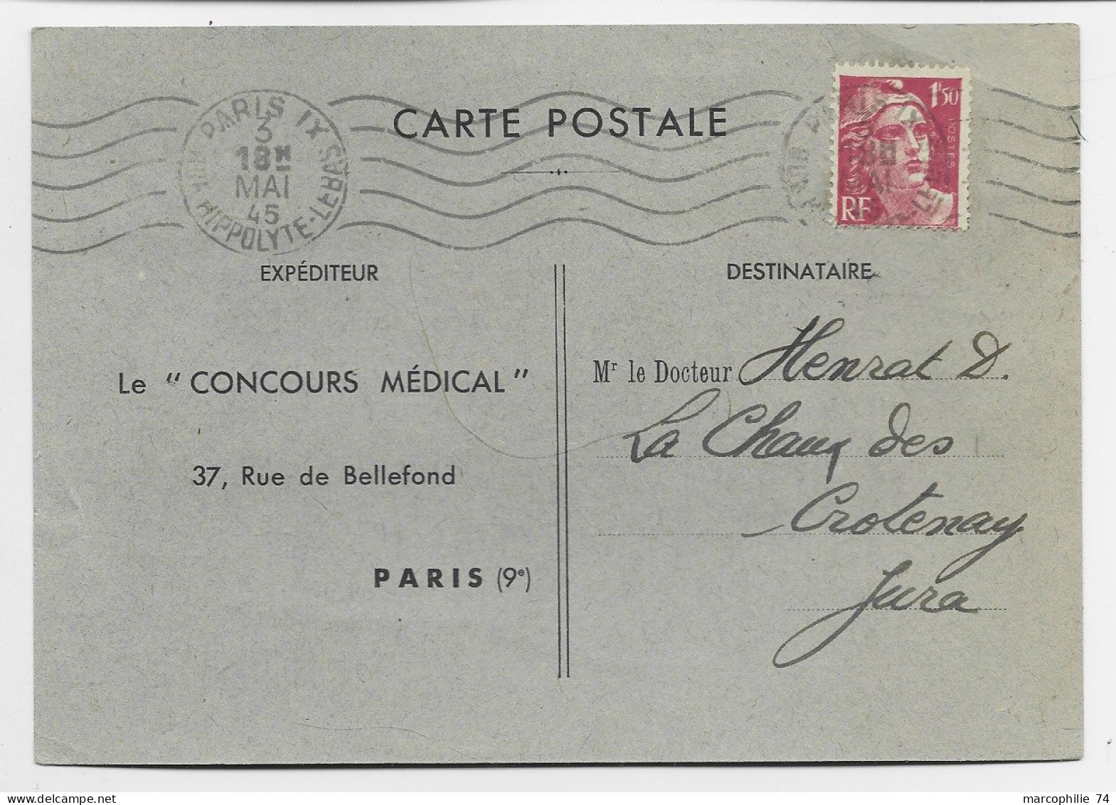 GANDON 1FR50 SEUL CARTE PRIVEE LE CONCOURS MEDICAL PARIS 9E 1945 AU TARIF - 1945-54 Marianne (Gandon)