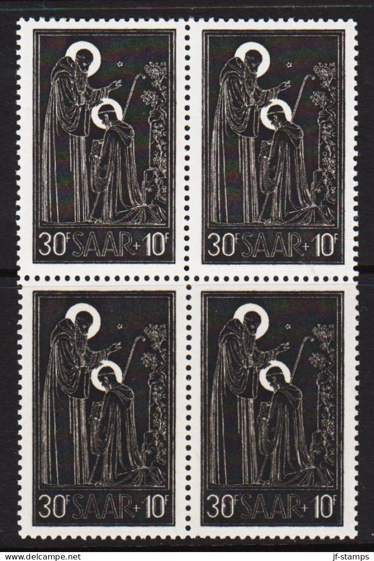 1953. SAAR. Benediktiner-Abtei Tholey 30 + 10 Fr. NEVER Hinged 4-BLOCK.  (Michel 347) - JF544490 - Unused Stamps