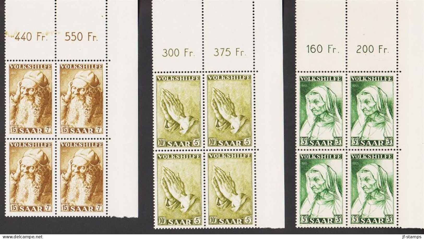 1955. SAAR. VOLKSHILFE.  Complete Set In 4-blocks With Corner Margin. NEVER Hinged. Beaut... (Michel 365-367) - JF544492 - Unused Stamps