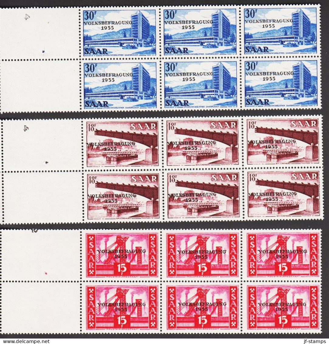 1957. SAAR. VOLKSBEFRAGUNG 1955 Complete Set In 6-blocks + Two Blank Stamps. NEVER Hinged... (Michel 362-364) - JF544494 - Nuovi