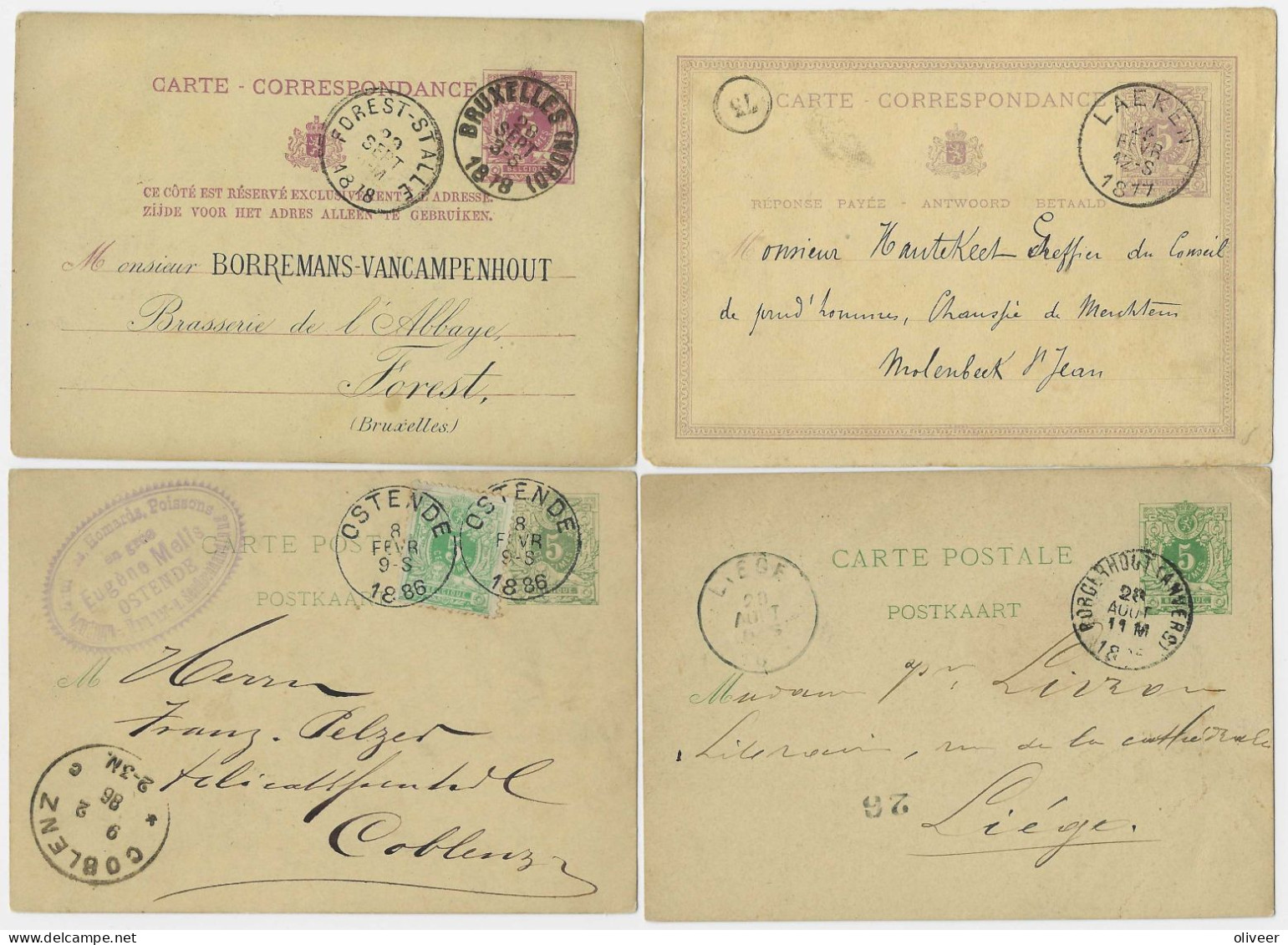 4 X CARTE-CORRESPONDANCE / CARTE POSTALE 5ct. - LAEKEN - FOREST-STALLE - BORGERHOUT - OSTENDE - Cartes Postales 1871-1909