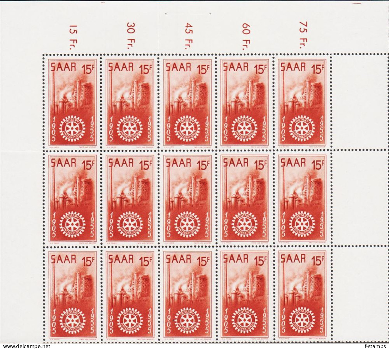 1957. SAAR. ROTARY. 15 F In 15 Block. Including Variety Pos 11 In The Sheet. NEVER Hinged... (Michel 358 III) - JF544498 - Neufs